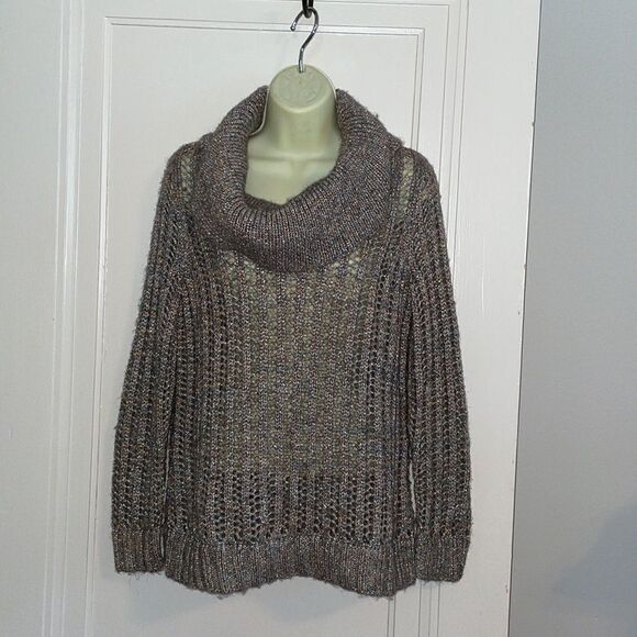 Chico’s gold & silver metallic cowl neck open weave long sleeved sweater - Picture 1 of 10